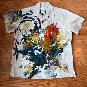 NWT Yiume Rooster Surf Hawaiian Shirt Cotton Short Sleeve Large Tropical Resort